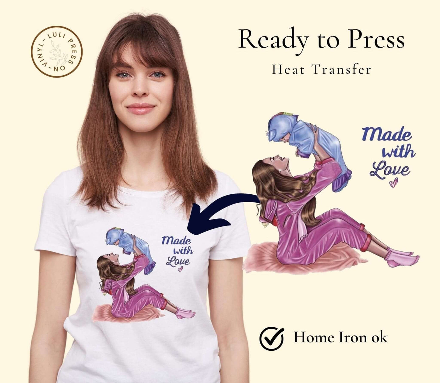 Made with Love Logo in DTF transfers printed on a white t-shirt of a girl