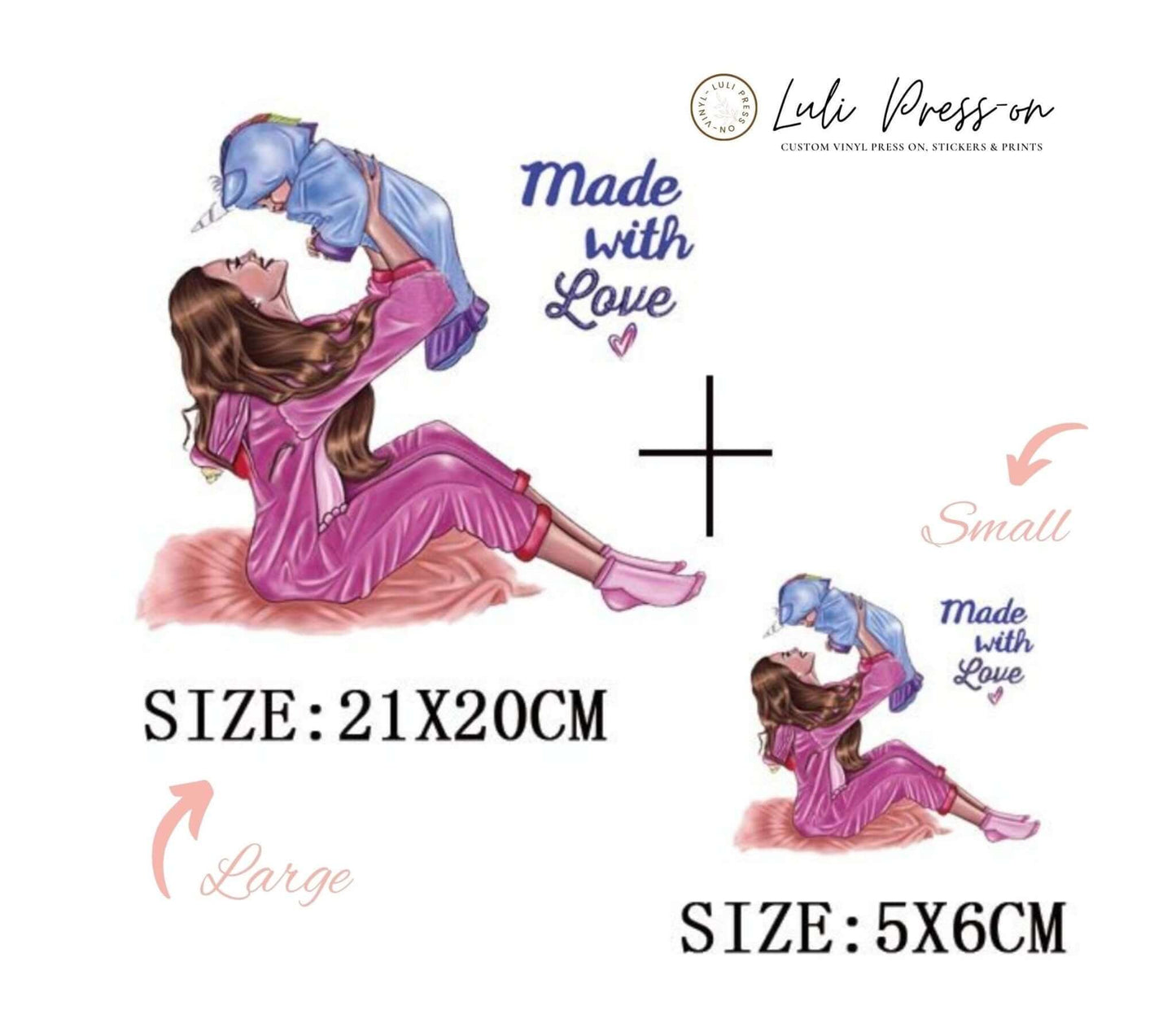 The iconic Made with Love DTF Transfer Log in two sizes