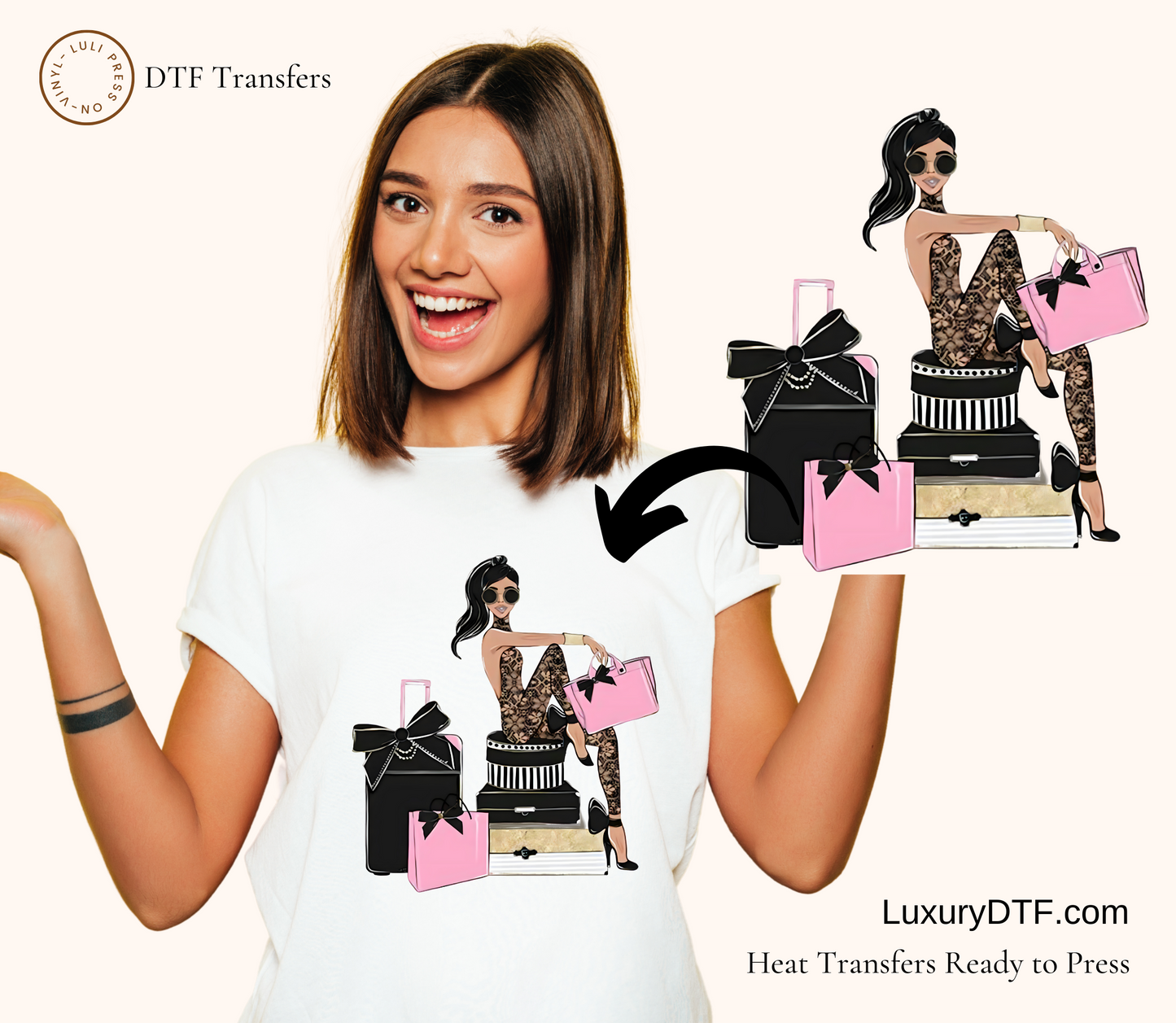 Trendy Shop 'til You Drop heat transfer design on white t-shirt | LuxuryDTF