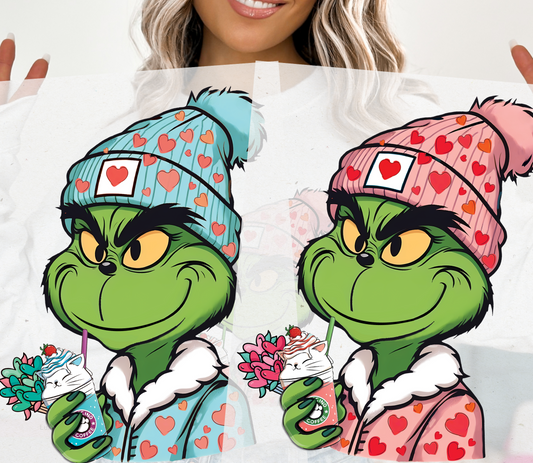 Pink and blue Grinch drinking their favorite coffee frap. Funny valentine grinch DTF transfer, Ready to press in seconds | LuxuryDTF.com