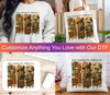 Collage of products including a sweatshirt, tote bag, and mousepad, customized with the "Just Waiting for Halloween" DTF transfer.