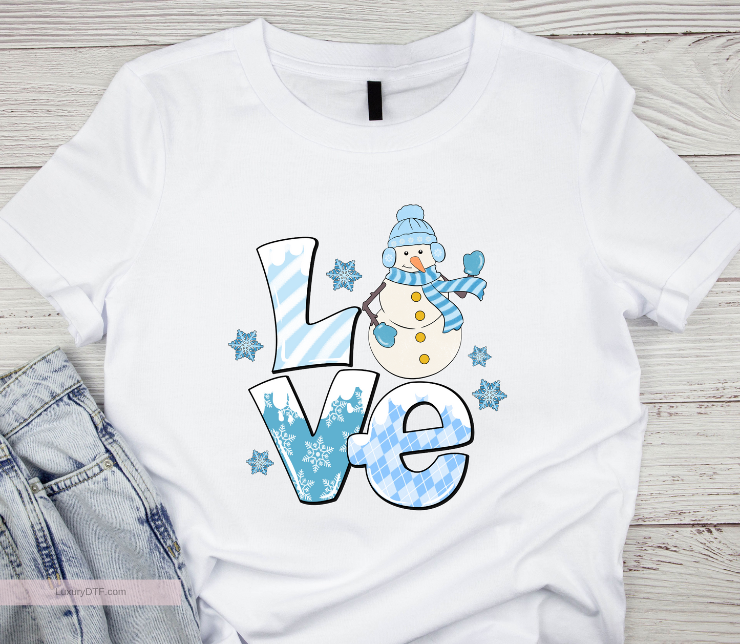 Winter Love Snowman DTF Transfer on a white shirt | easy to apply heat transfer | luxurydtf.com
