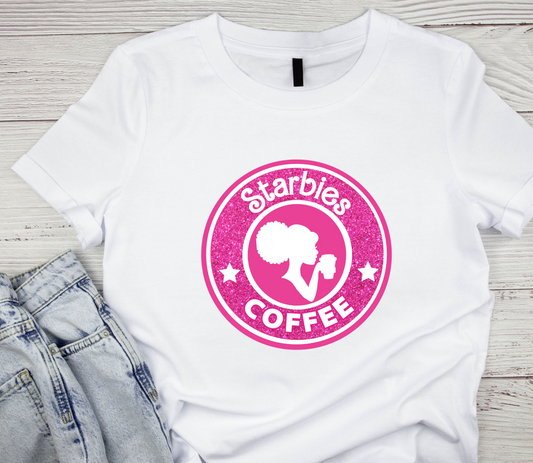 Starbies Coffee Pink DTF Transfer - Curly Hair