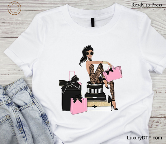 Fashion-forward lady atop luggage design - DTF transfer applied on white shirt
