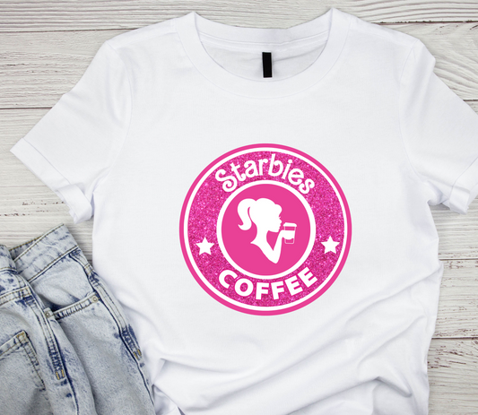 Starbies Coffee Pink DTF Transfer on T-Shirt | LuxuryDTF.com
