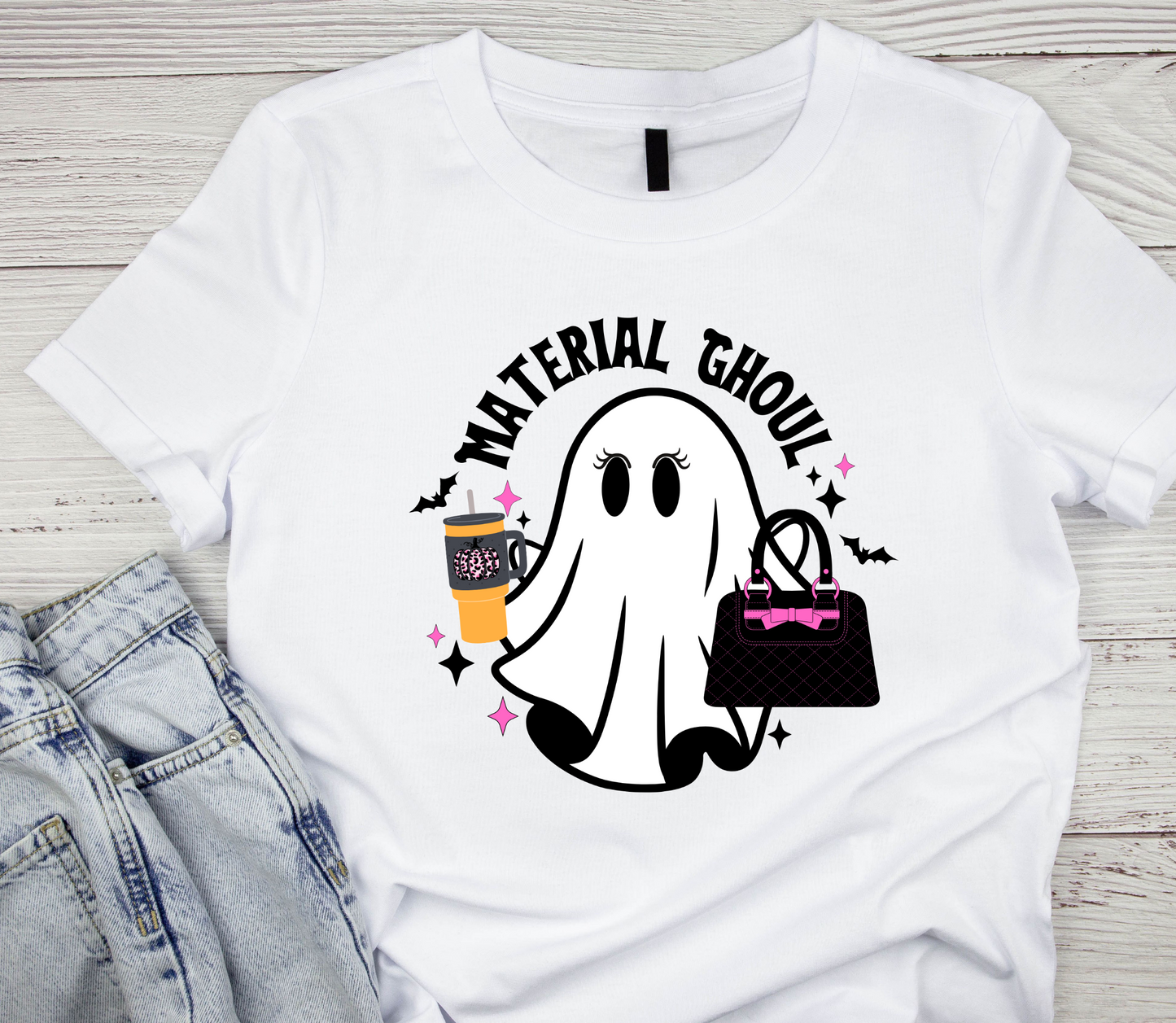 Retro ghost illustration DTF design on a white t-shirt by LuxuryDTF.com.