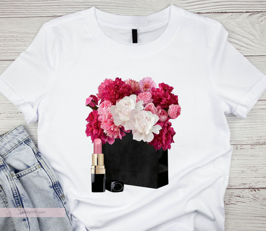Elegant Flower Box Logo in DTF Transfers printed on a white t-shirt