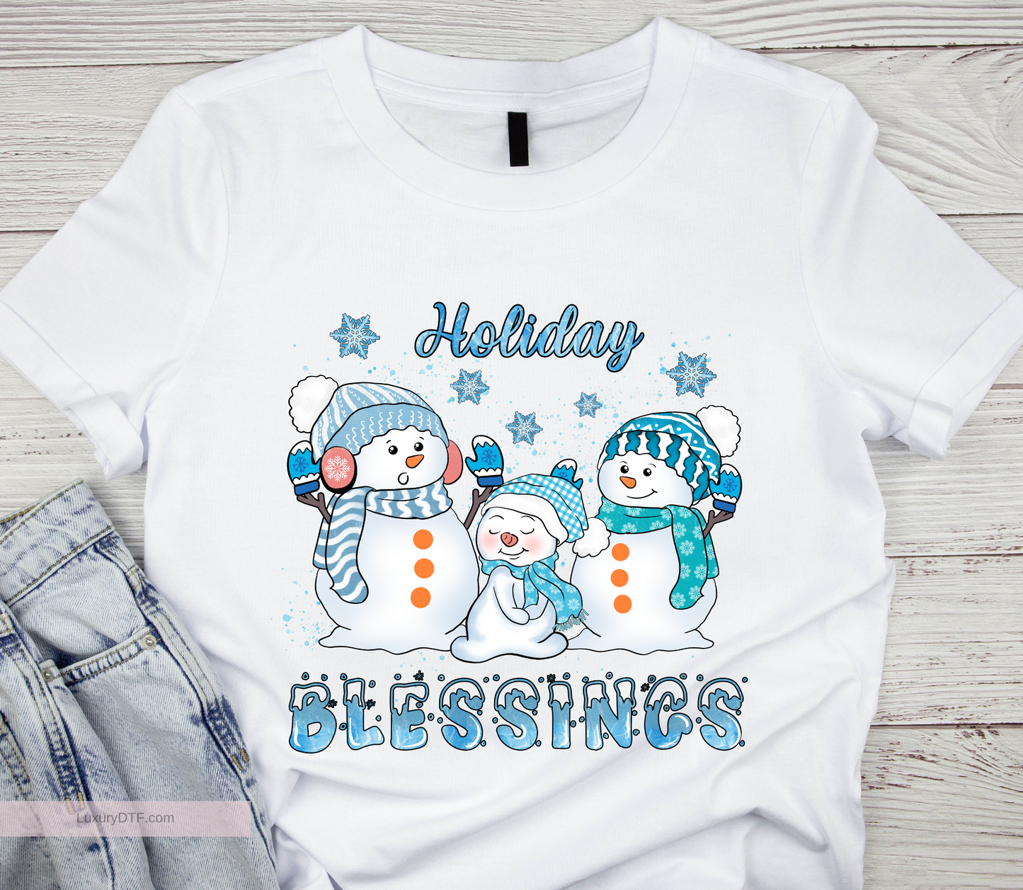 Winter holiday blessings blue and white DTF transfer | Luxurydtf.com