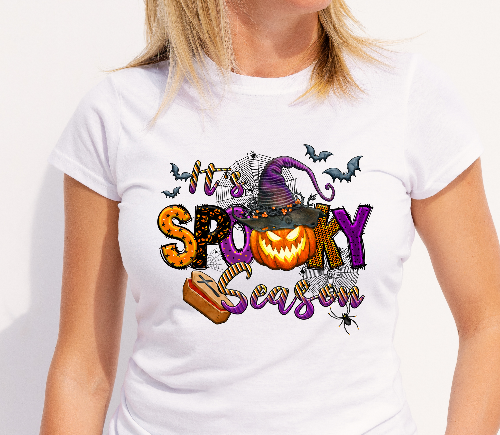 Close-up of model in white shirt with fun Halloween DTF transfer design - LuxuryDTF.com
