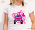 Pink Car Cartoon DTF Transfer on Model - Close-up White Shirt