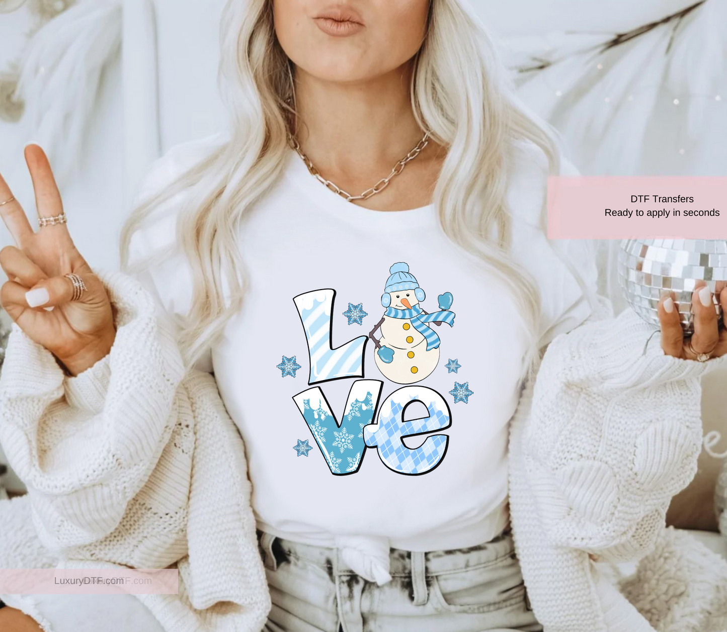 Winter Love Snowman DTF Transfer on a white shirt | easy to apply heat transfer | luxurydtf.com