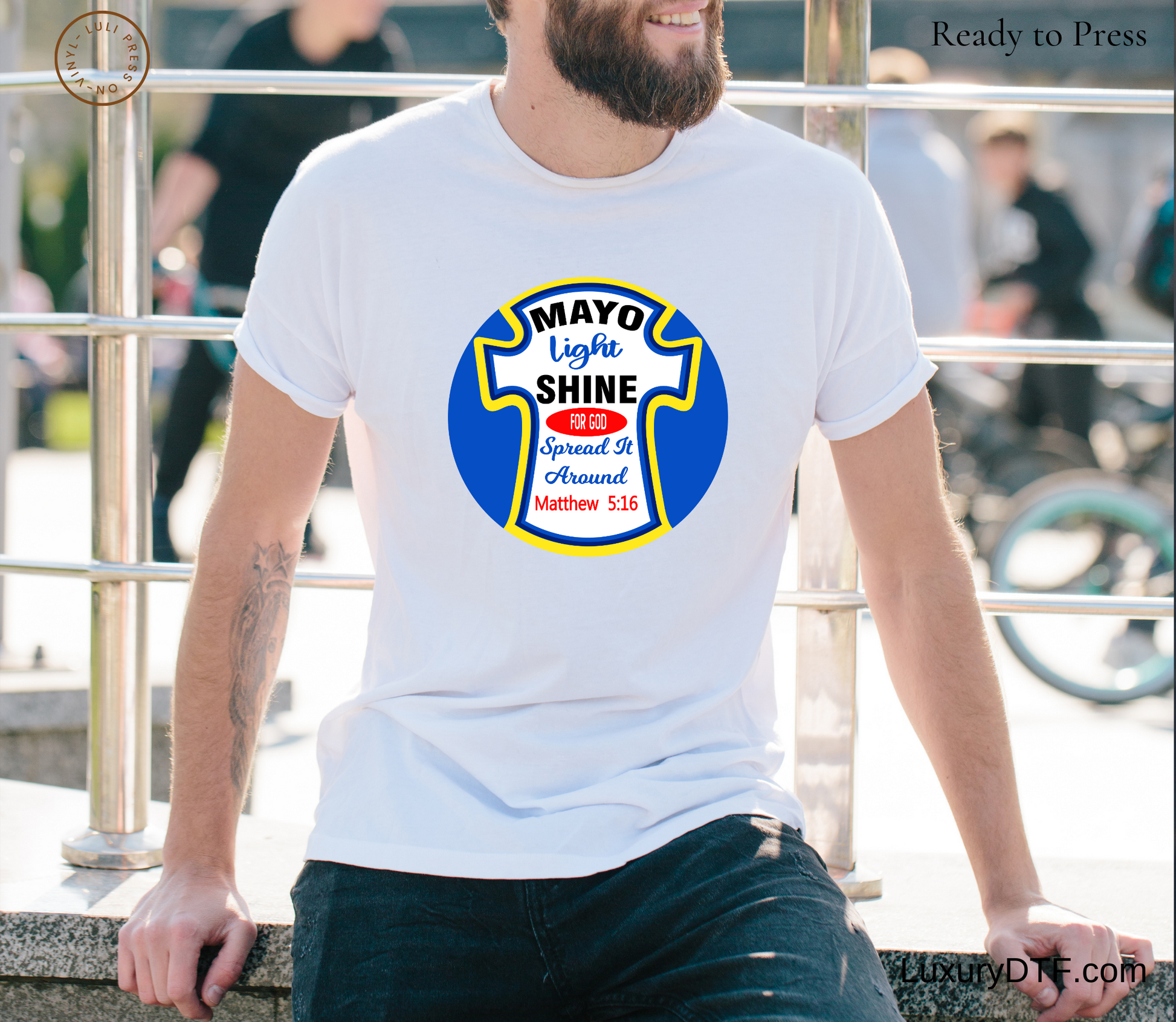 Fashionable 'Mayo Light Shine' DTF design being sported by model in white t-shirt