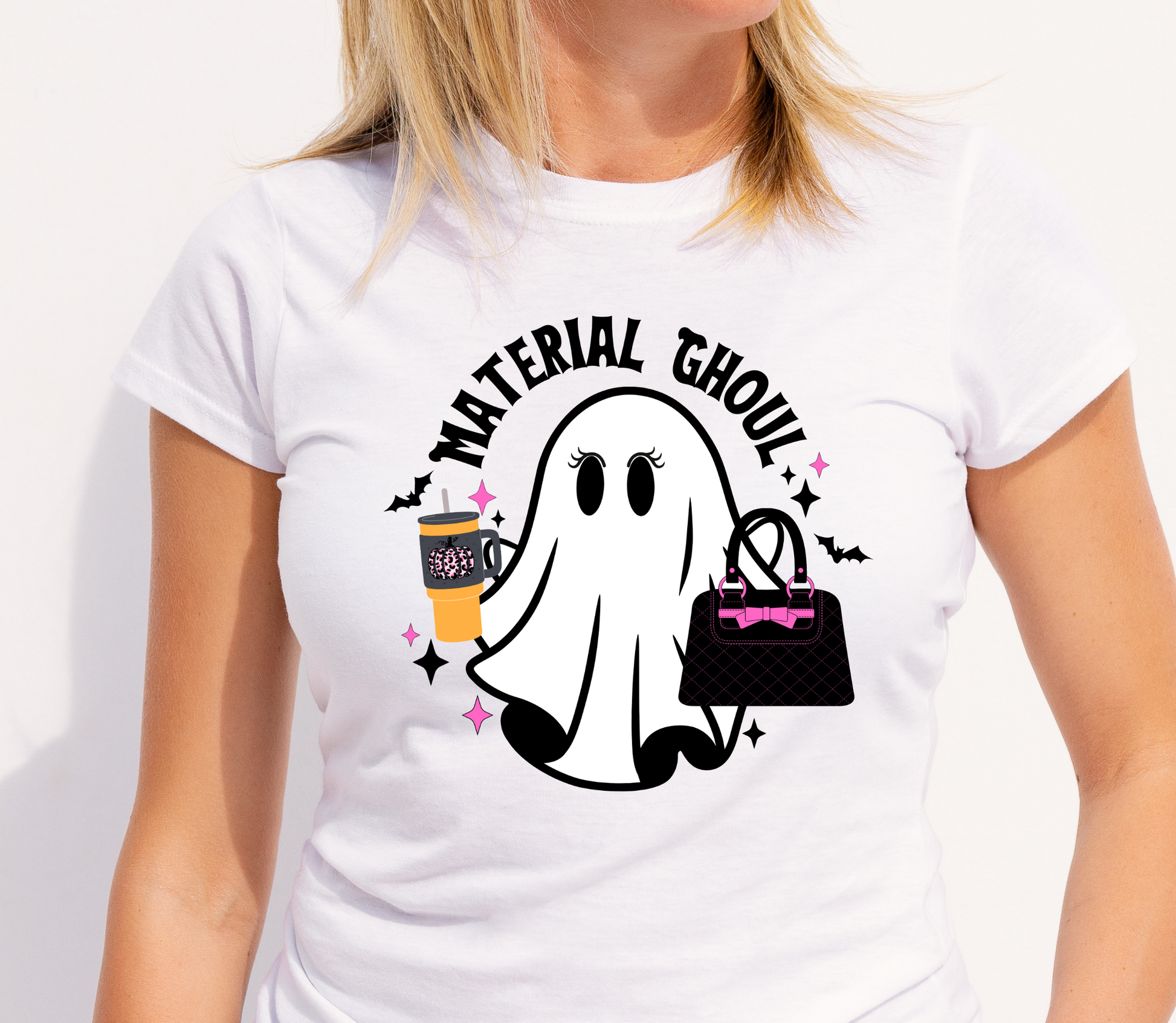 Close-up of model in white shirt showcasing chic ghost with handbag DTF design.