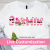 Christmas-themed lettering and customization options on a white t-shirt. Christmas personalized gifts, christmas custom name gifts.