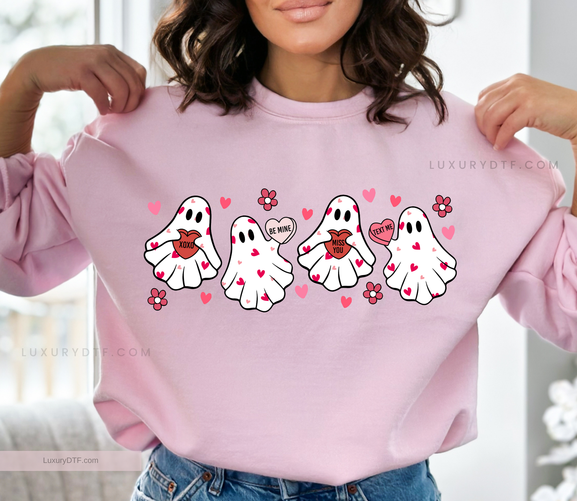 Cute Valentine retro ghosts, with red and pink hearts design DTF Transfer ready to press in seconds to most fabrics | LuxuryDTf.com