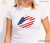 Model wearing a white shirt with 'American Kiss' DTF transfer, showcasing patriotic lips design