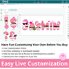 Design software interface with customizable text and graphics, featuring a pink and black character.