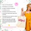 Woman holding a tote bag with personalized text, surrounded by promotional text about customization services.