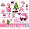 Collection of Christmas-themed icons including a nutcracker, trees, stars, and a face with sunglasses on a grid background.