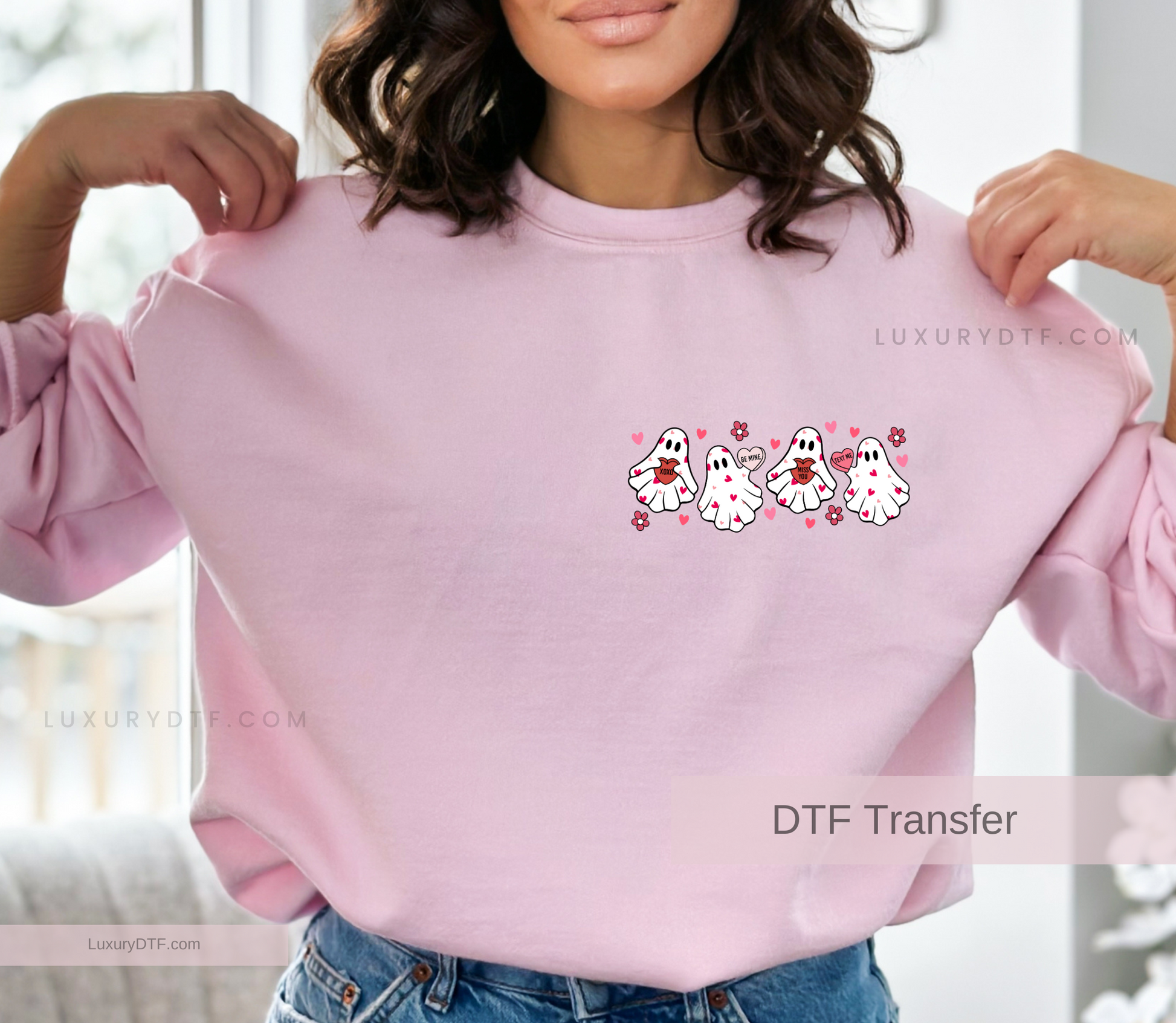 Cute Valentine retro ghosts, with red and pink hearts design DTF Transfer ready to press in seconds to most fabrics | LuxuryDTf.com
