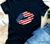 4th of July Lips DTF Transfer, A high-resolution image of the 'American Kiss' DTF transfer on a dark shirt, showing off its high quality and detailed design