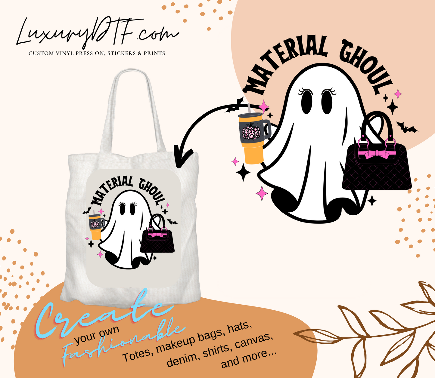 Versatile DTF transfer: Retro ghost design on tote bag from LuxuryDTF.com.