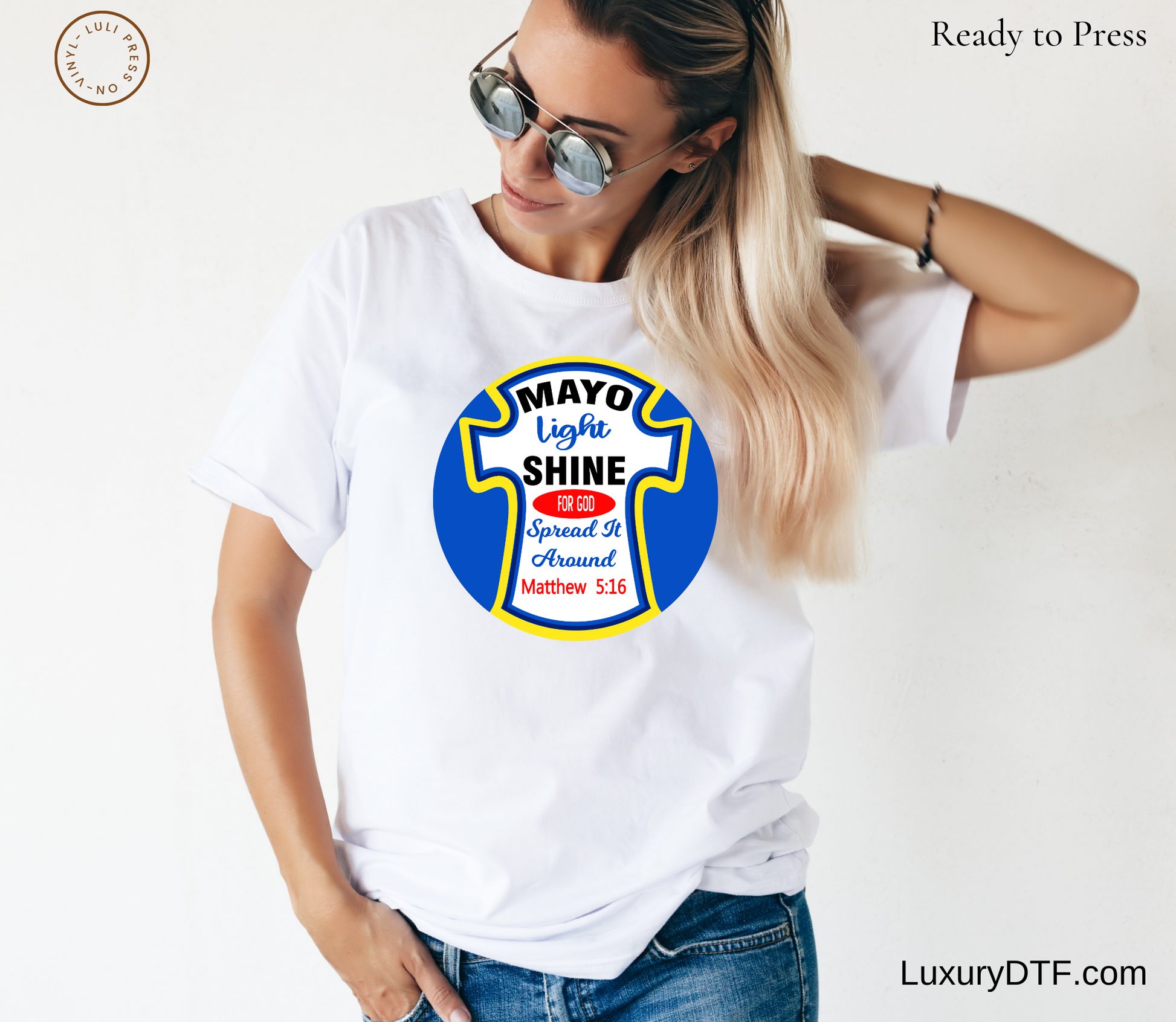 Model in casual pose, showcasing Christian 'Mayo Light Shine' DTF design on her t-shirt