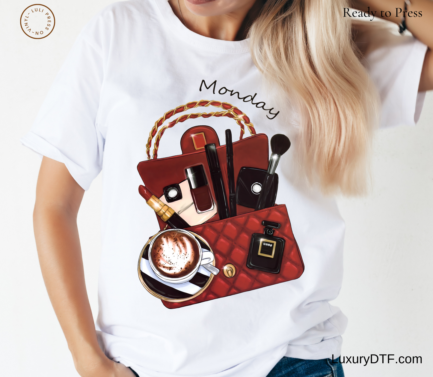 Full view of Monday Glam DTF Transfer design on a white shirt