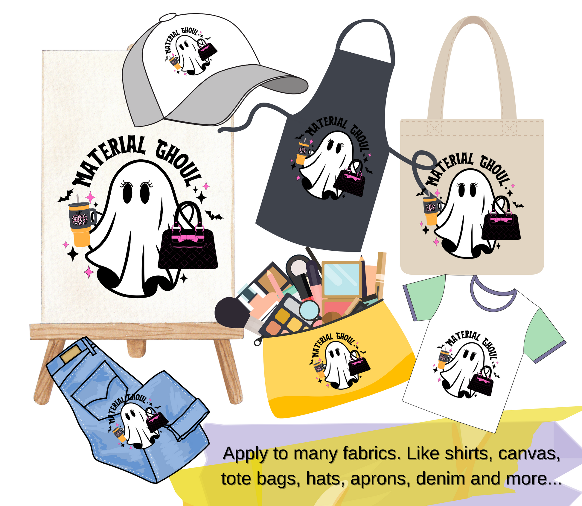 Retro ghost DTF design applied on apron, canvas art, jeans, cap, t-shirt, and makeup bag