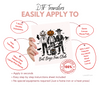 Promotional graphic for DTF transfers with a hand holding a printed design and text about application versatility.