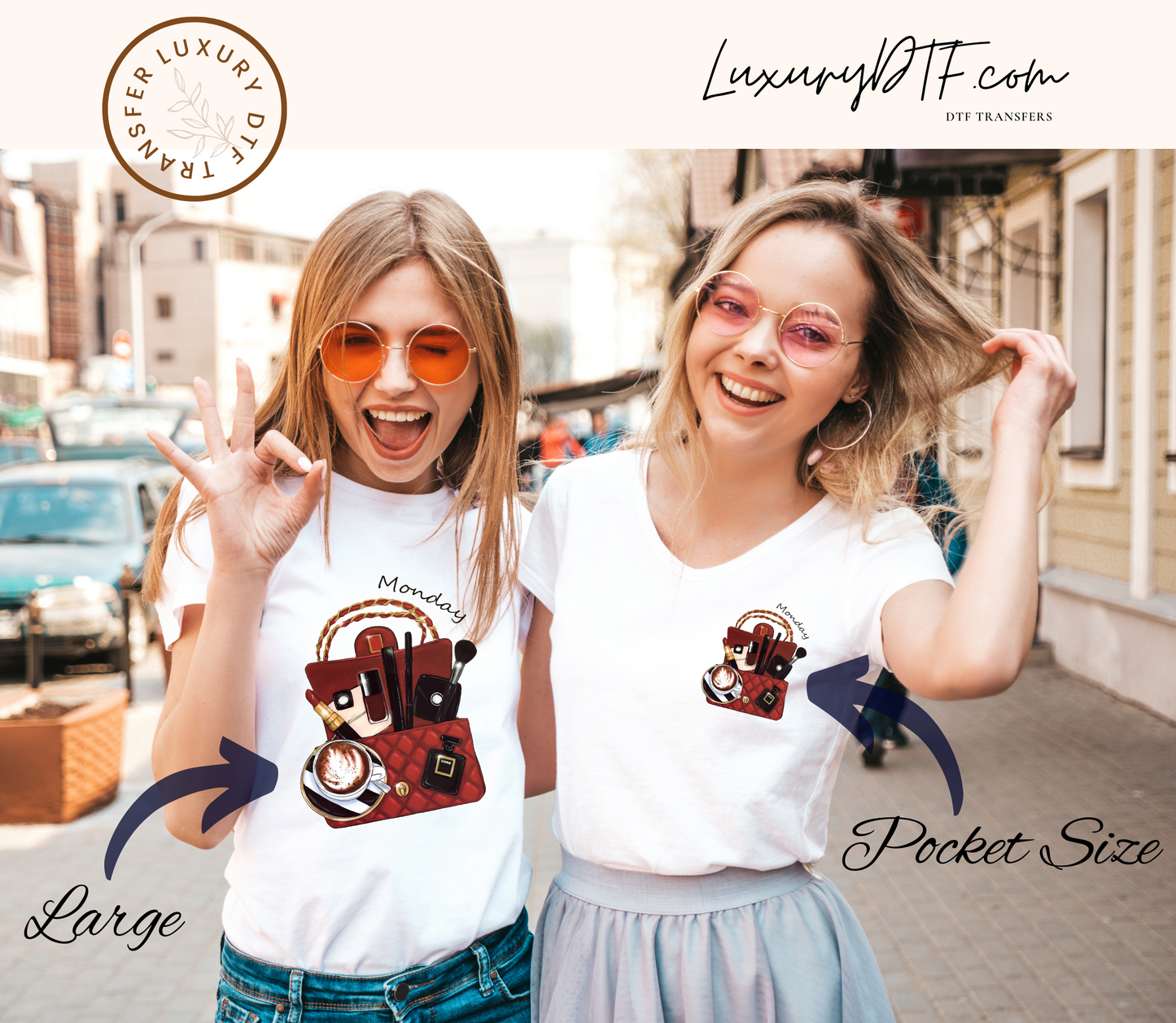 Monday Glam DTF Transfer on 2 models wearing white shirts, large and small size