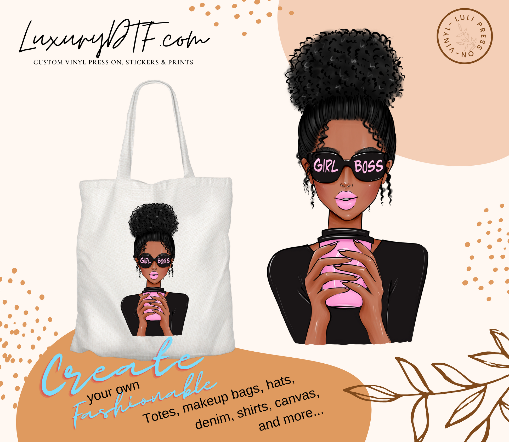 Trendy black african american girl boss coffee DTF design on t-shirt
