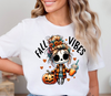 Fall Vibes DTF Transfers Ready to Press on a woman wearing a white t-shirt