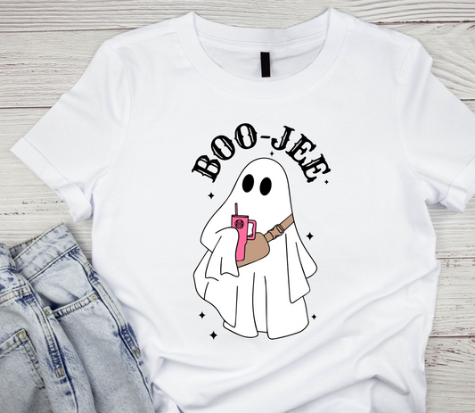 Halloween retro ghost design - ghost with iced coffee - halloween ghost transfer - halloween boo jee ghost - material ghost shirt
