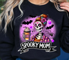 Spooky mom dtf transfer, spooky mom halloween dtf transfers, skeleton halloween dtf transfer on a black sweatshirt