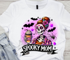 Spooky mom dtf transfer, spooky mom halloween dtf transfers, mom halloween transfers, skeleton halloween dtf transfers on a white t-shirt