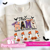 Halloween dtf transfers. Beige sweatshirt with Halloween-themed design featuring ghosts, pumpkins, and text on a white background. Personalized custom halloween design for t-shirts. This mama loves her little boos.