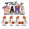 Mama ghost shirt, Halloween-themed design with ghosts, pumpkins, and text on a white background. Personalized custom halloween design for t-shirts. This mama loves her little boos.