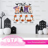 Halloween-themed personalized transfer with ghosts, pumpkins, and text on a white background with pumpkins and houses.