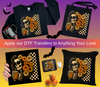Collection of Halloween-themed merchandise with DTF transfers on a gradient background. Featuring a skull with flowers, ready-to-press on apparel.