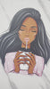 coffee lover, girl boss coffee lover, black boss girl dtf transfer, coffee screen print, coffee lover dtf transfer black girl wearing pink enjoying drink, dtf transfers | LuxuryDTF.com