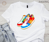 White shirt featuring stylish shoe DTF transfer design