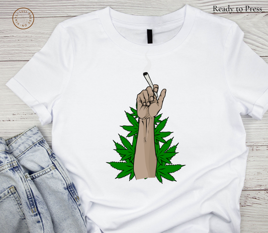 White shirt with 'Smoking Cannabis & Leaves' DTF transfer design