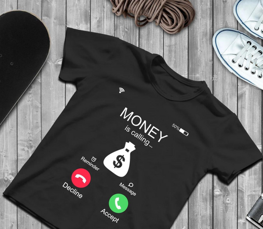 Black shirt with 'Money is Calling' iPhone-inspired DTF transfer design