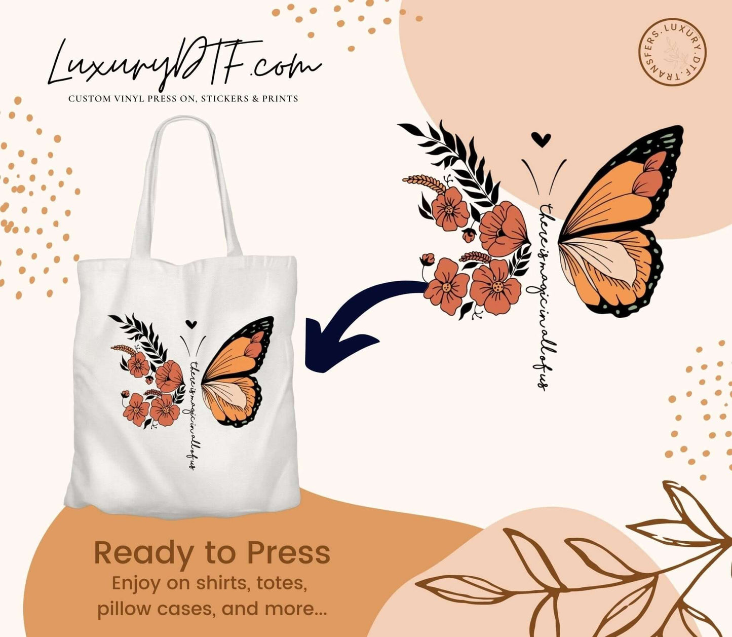 The iconic Beautiful Butterfly Logo Design DTF Transfer on a white handbag