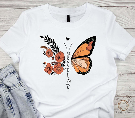 Beautiful Butterfly Logo in DTF Transfers printed on a white t-shirt