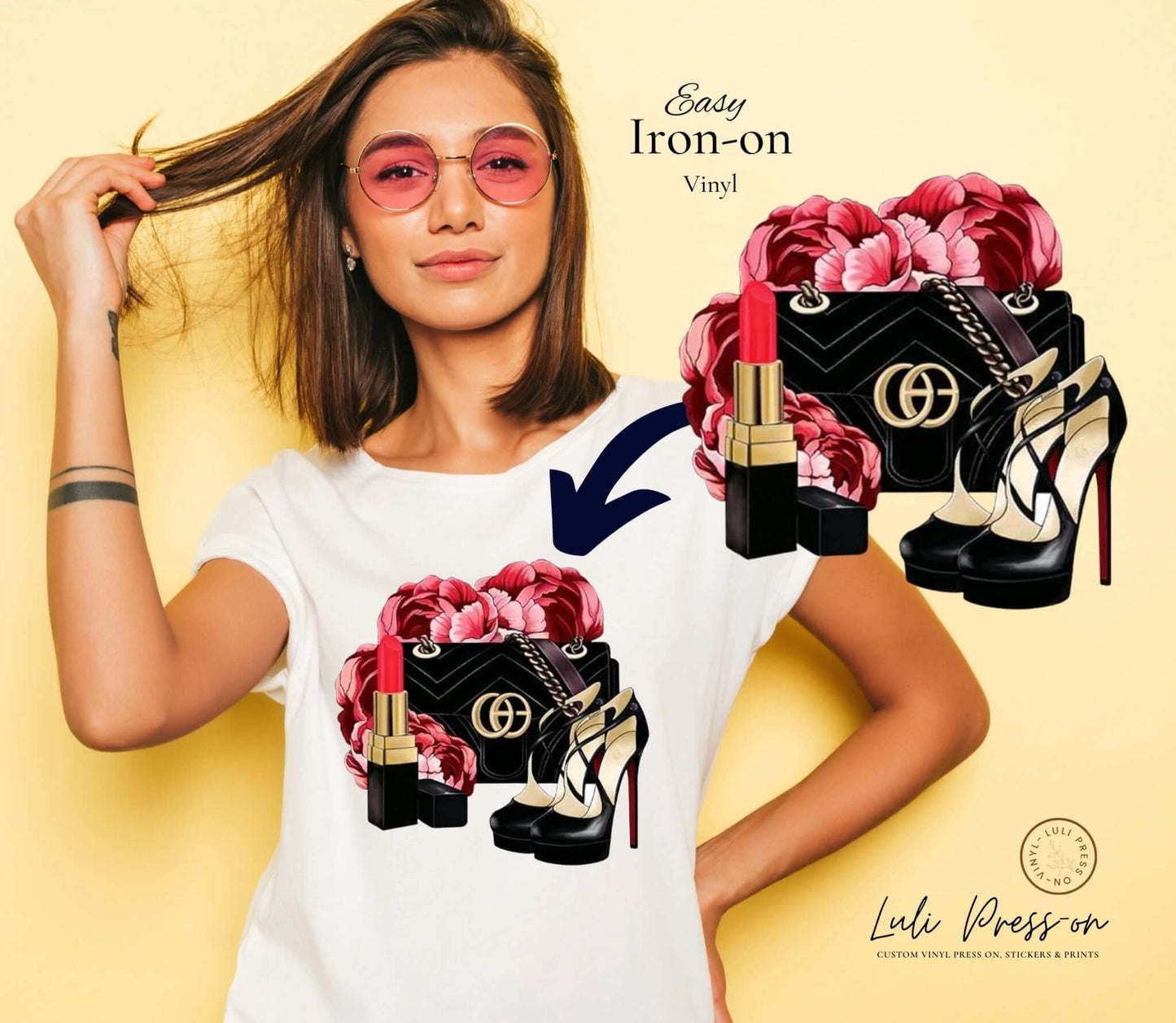 Gucci Black Handbag Logo with DTF Transfers logo printed on a white t-shirt of a girl
