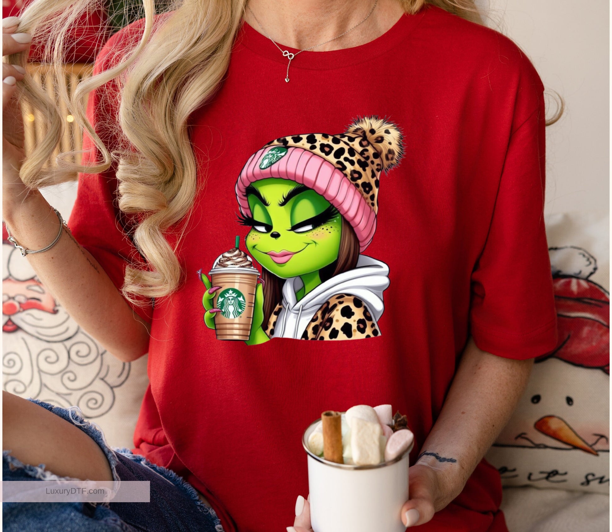 Fun Christmas grinch girl DTF transfer ready to press full color transfers | luxurydtf.com