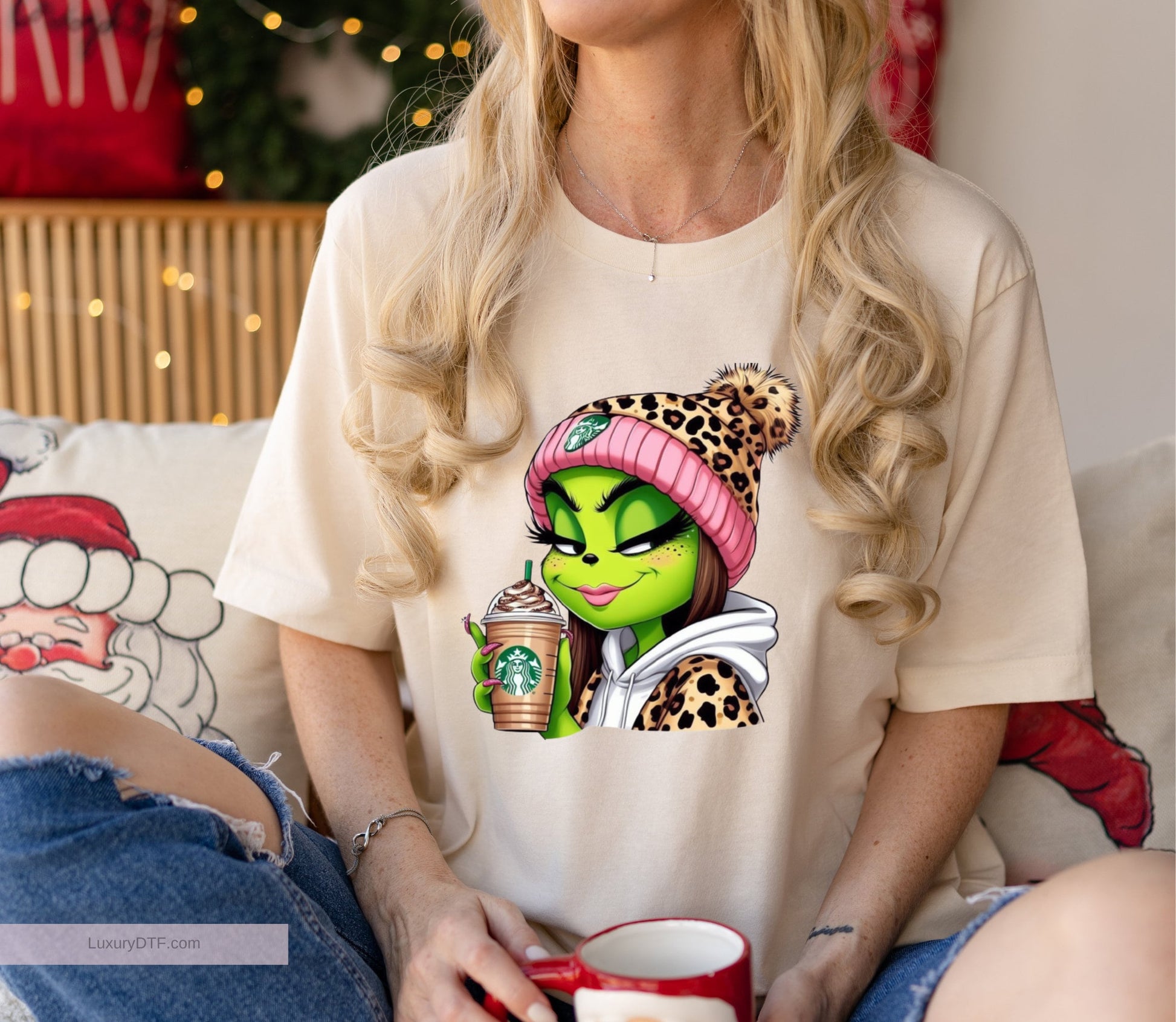 Fun Christmas grinch girl DTF transfer ready to press full color transfers | luxurydtf.com