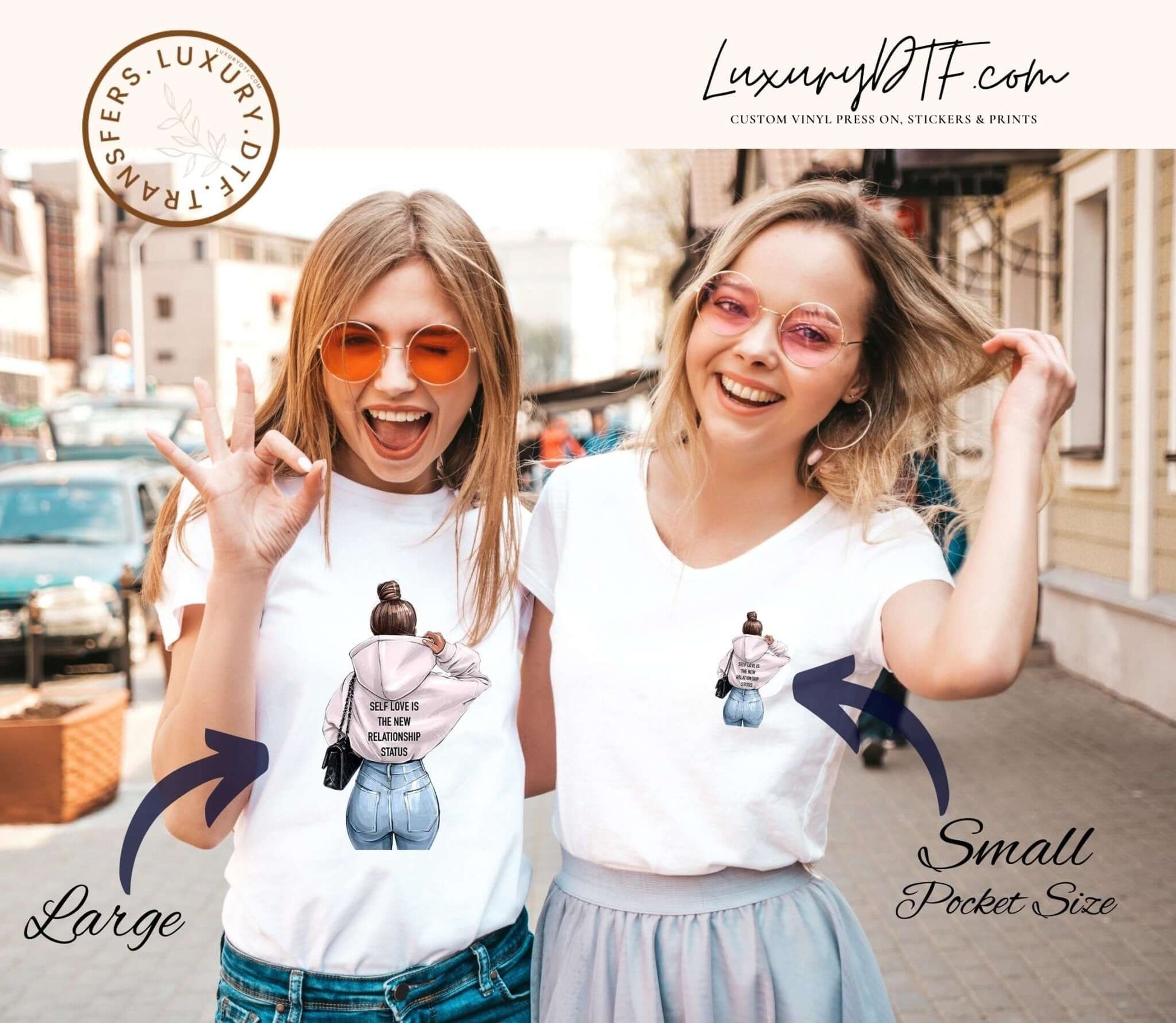 Self Love Logo in DTF Transfers printed on a white t-shirt of two girls